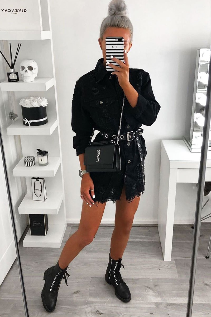 Black Washed Distressed Denim Shirt Dress - Chloey-Dresses