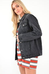 Black Washed Oversized Longline Denim Jacket - Eryn-Denim Jackets