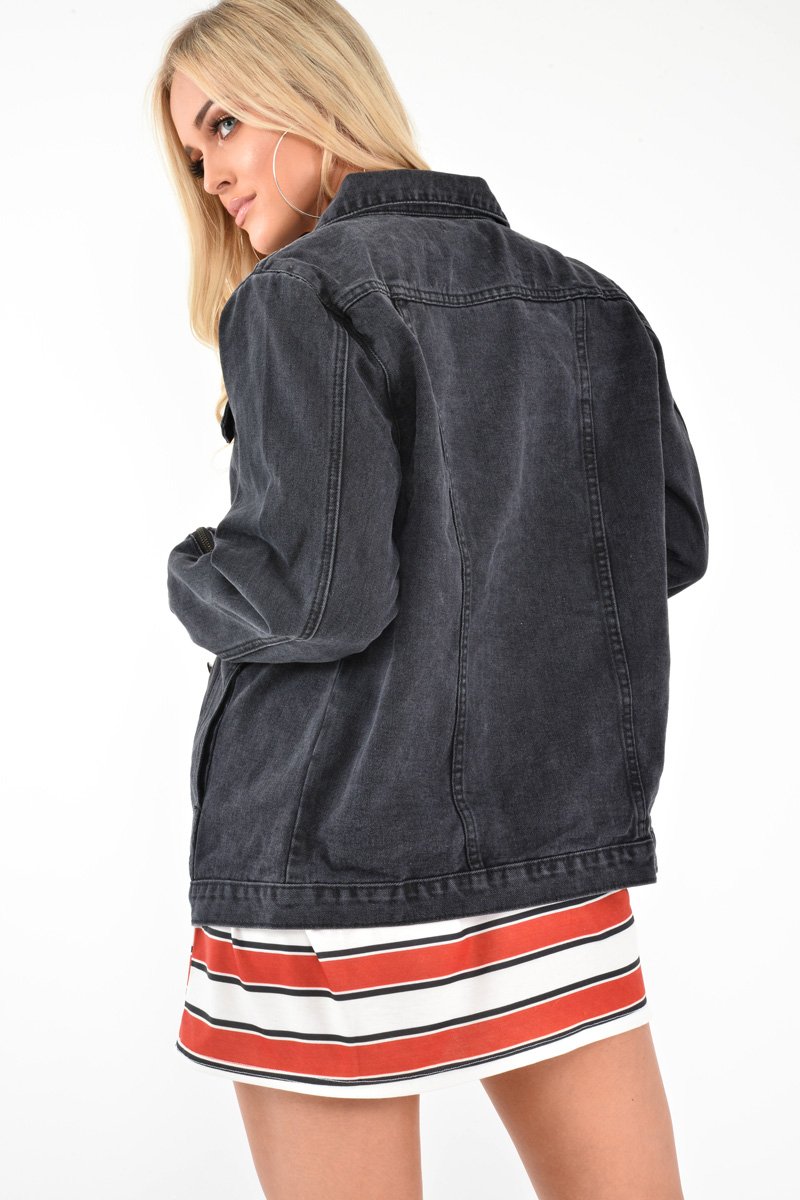 Black Washed Oversized Longline Denim Jacket - Eryn-Denim Jackets