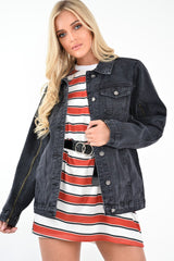 Black Washed Oversized Longline Denim Jacket - Eryn-Denim Jackets
