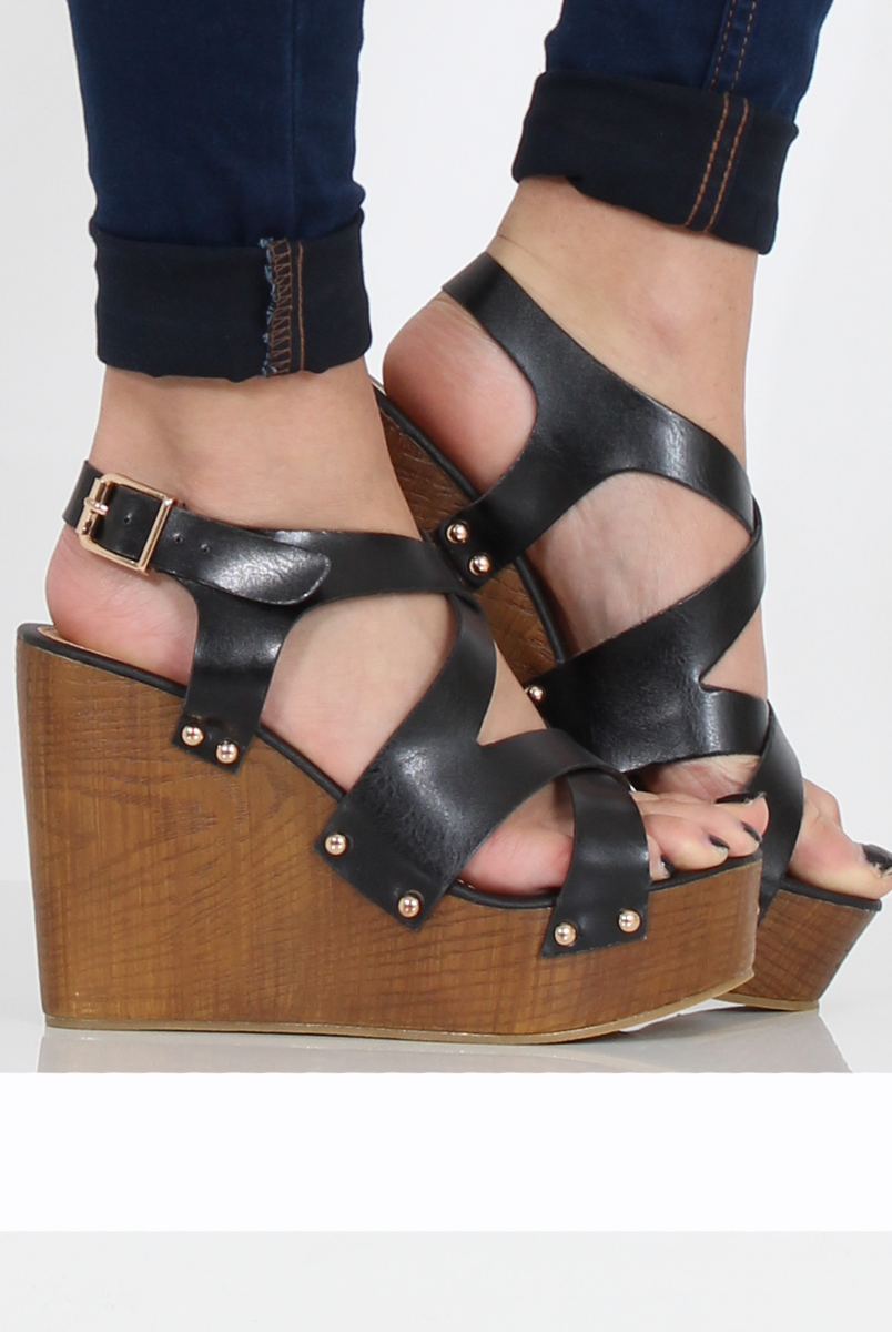 Black Wedge Cut Out Sandals - Kelis-Sandals