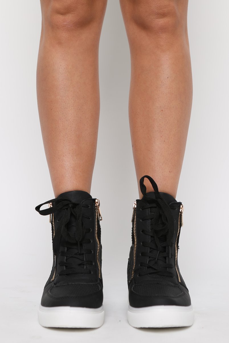 Black Wedged Diamante Trainers - Adriana-Trainers