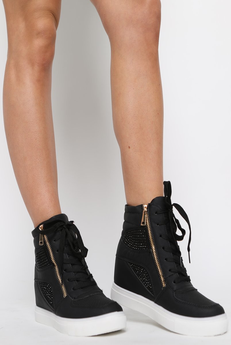 Black Wedged Diamante Trainers - Adriana-Trainers