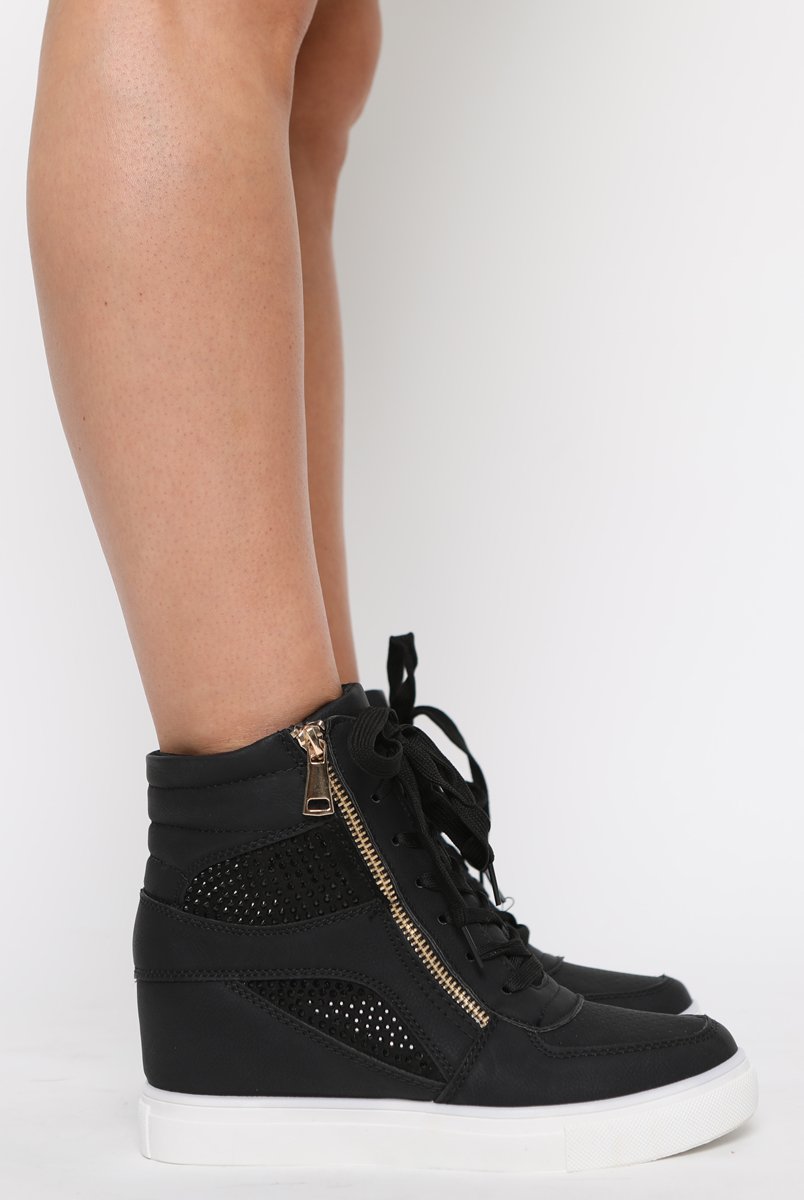 Black Wedged Diamante Trainers - Adriana-Trainers