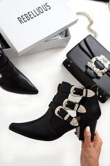 Black Western Buckle Pointed Ankle Boots - Disha-Boots