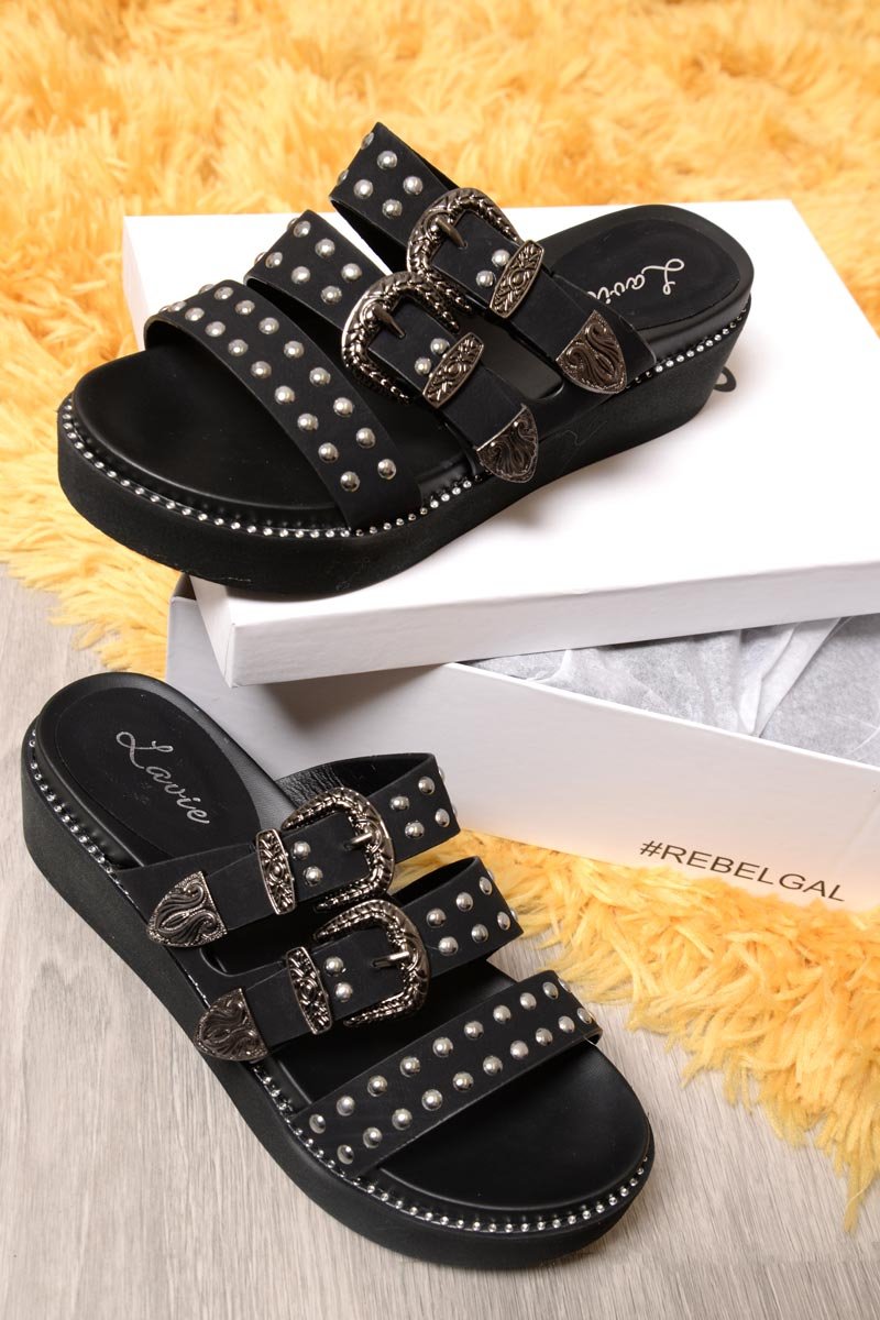 Black Western Buckle Studded Sandals - Naraly-Sliders