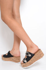 Black Western Buckle Wedged Mule - Iszabella-Wedges