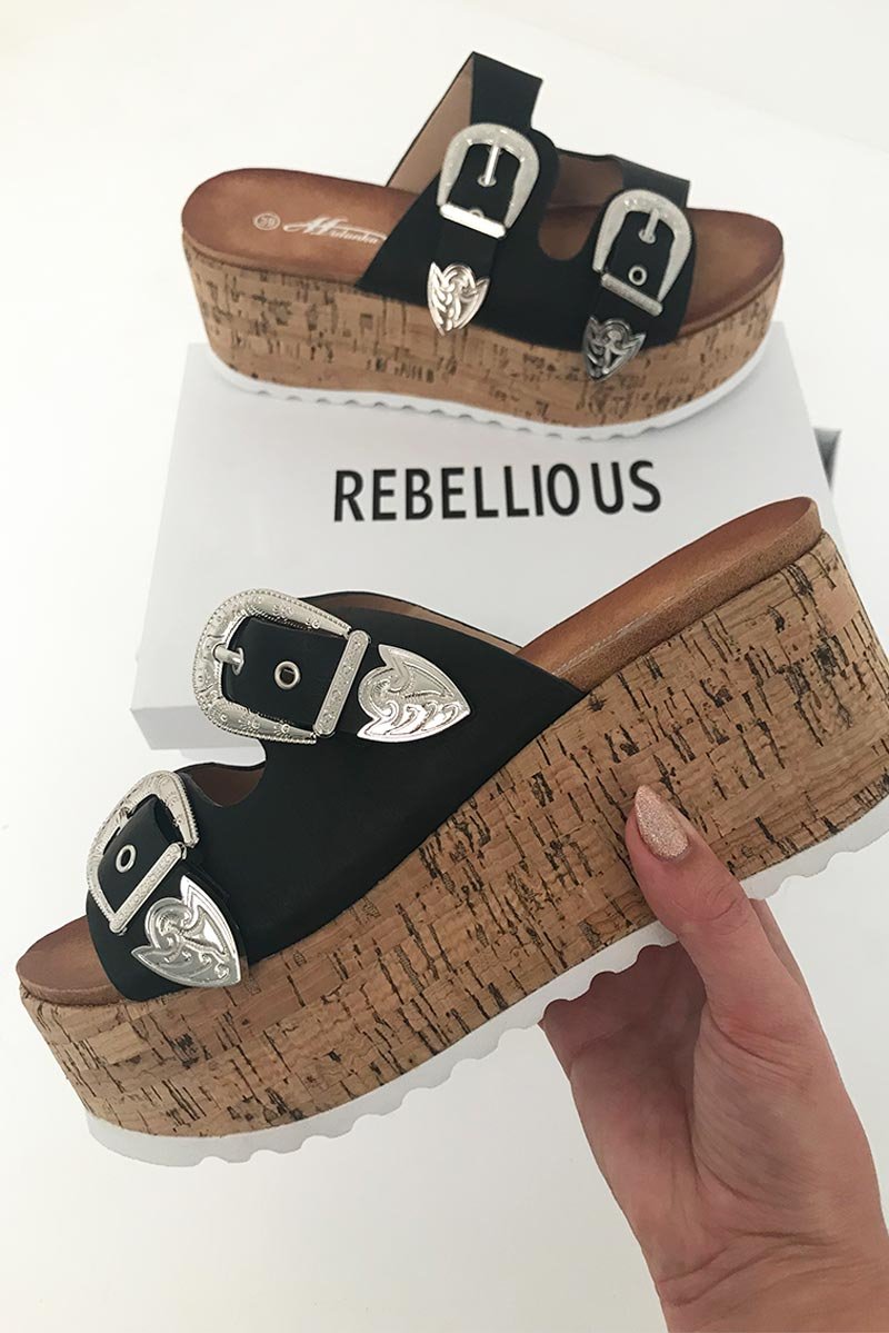 Black Western Buckle Wedged Mule - Iszabella-Wedges