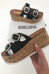 Black Western Buckle Wedged Mule - Iszabella-Wedges