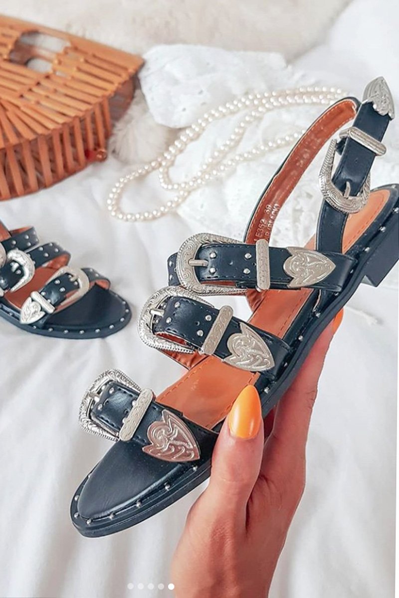 Black Western Multi Buckle Sandals - Camile-Sandals