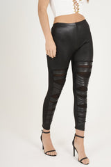 Black Wet Look Mesh Insert Leggings - Eliza-Dresses