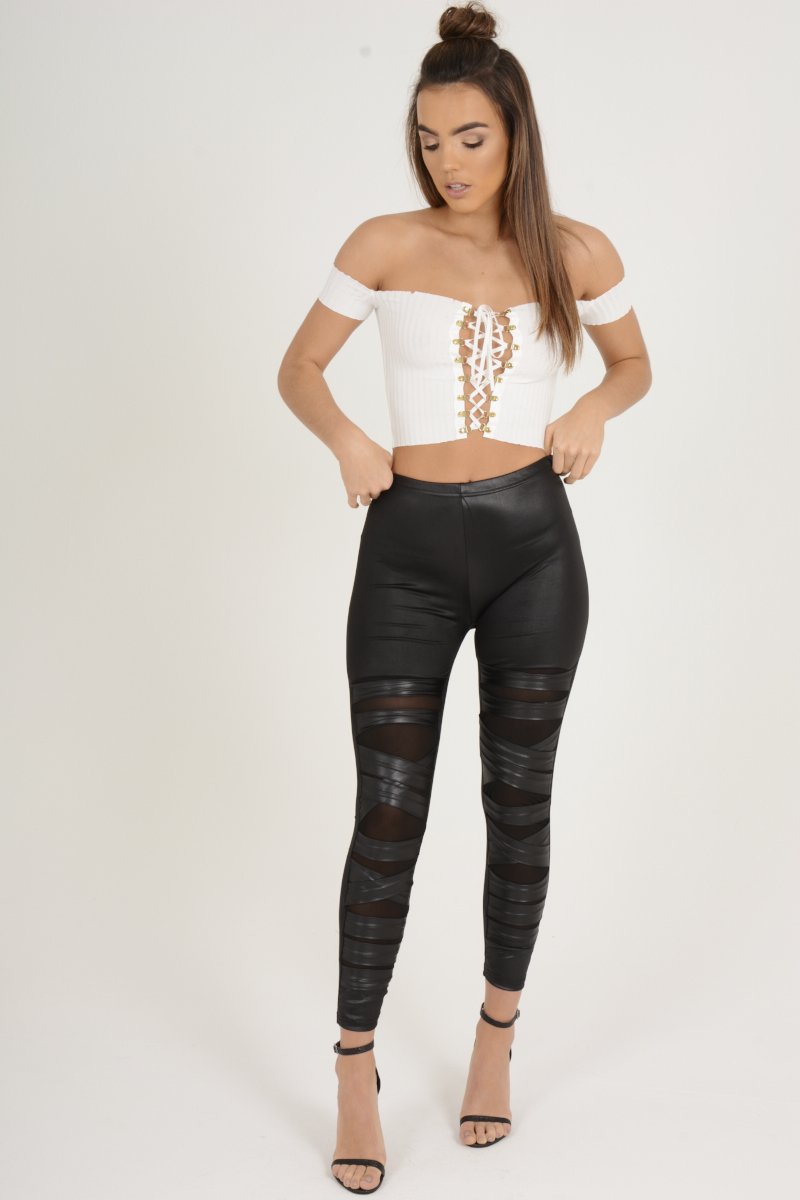 Black Wet Look Mesh Insert Leggings - Eliza-Dresses