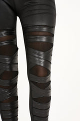 Black Wet Look Mesh Insert Leggings - Eliza-Dresses