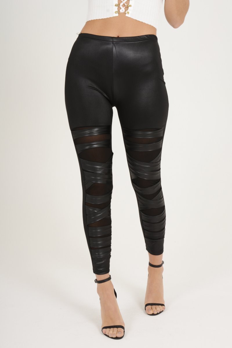 Black Wet Look Mesh Insert Leggings - Eliza-Dresses