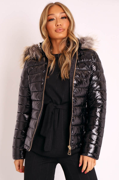 Black Wet Look Women's Puffer Coat With Fur Lined Hood - Soph ...