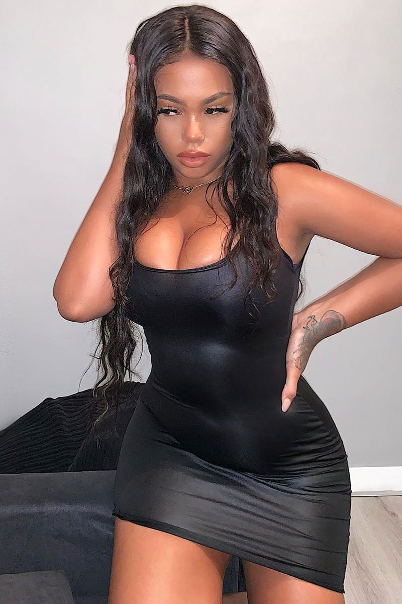 Black Wet Look Scoop Neck Bodycon Dress - Orena-Dresses