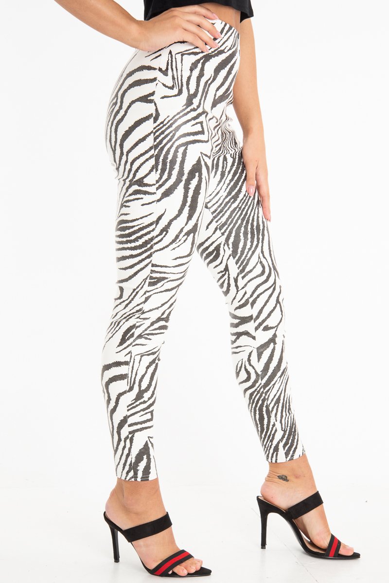 Black White Animal Print Faux Leather Leggings - Quinn-Trousers