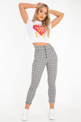 Black White Check Button Front Skinny Leg Trousers - Simone-Trousers