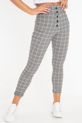 Black White Check Button Front Skinny Leg Trousers - Simone-Trousers