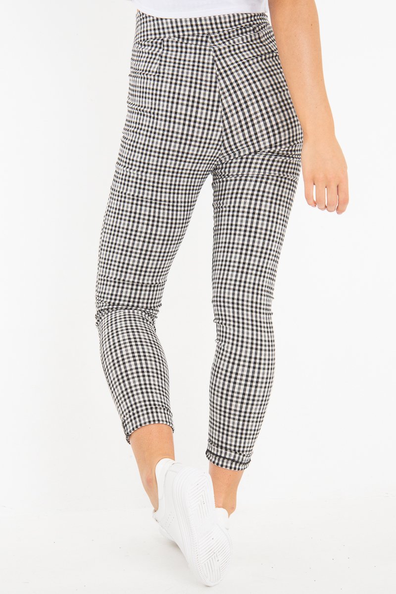 Black White Check Button Front Skinny Leg Trousers - Simone-Trousers