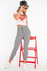 Black White Check Button Front Skinny Leg Trousers - Simone-Trousers