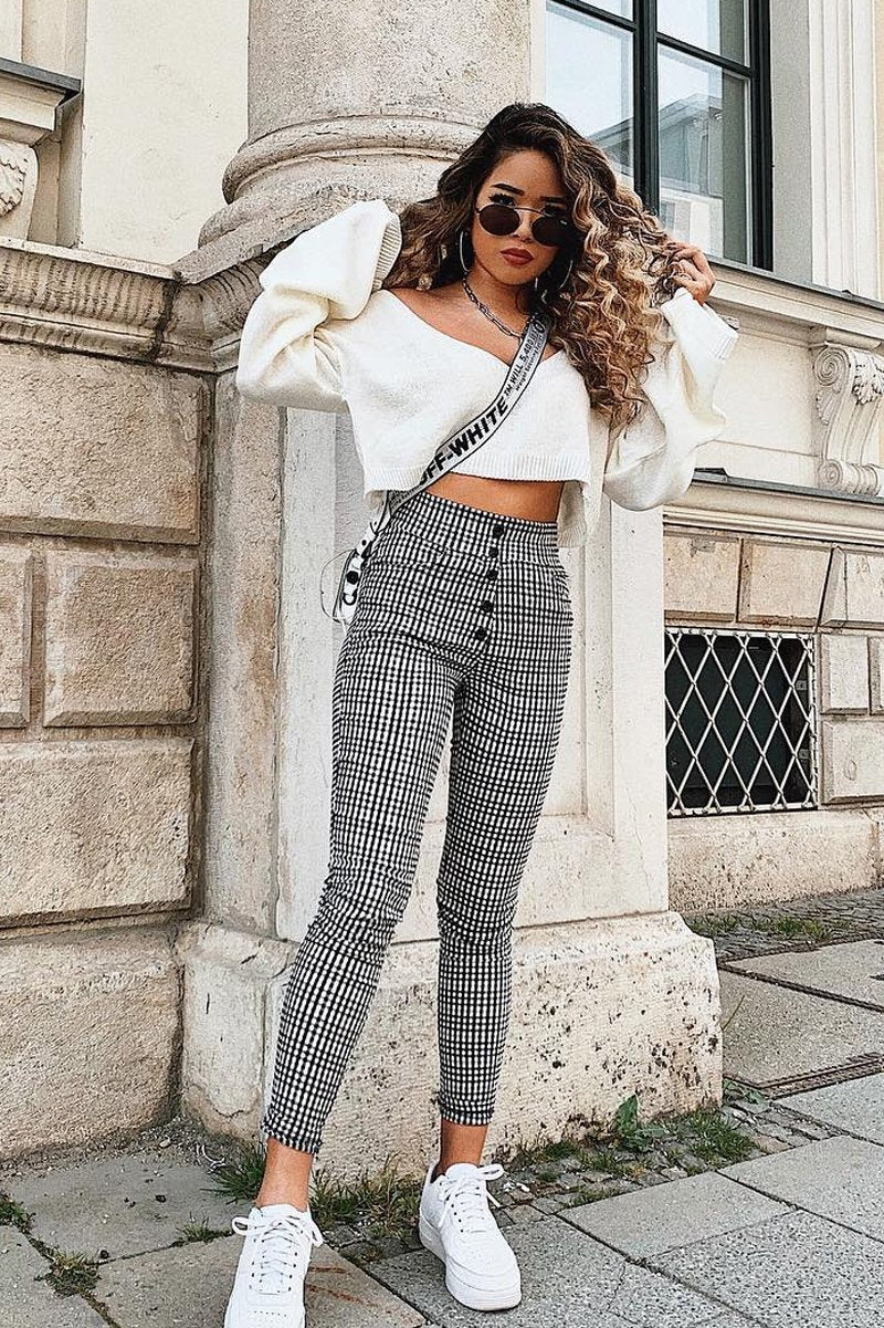 Black White Check Button Front Skinny Leg Trousers - Simone-Trousers