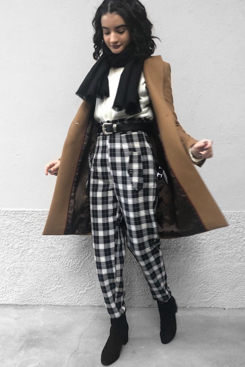 Black White Check Frill Detail Trousers - Bristal-Trousers