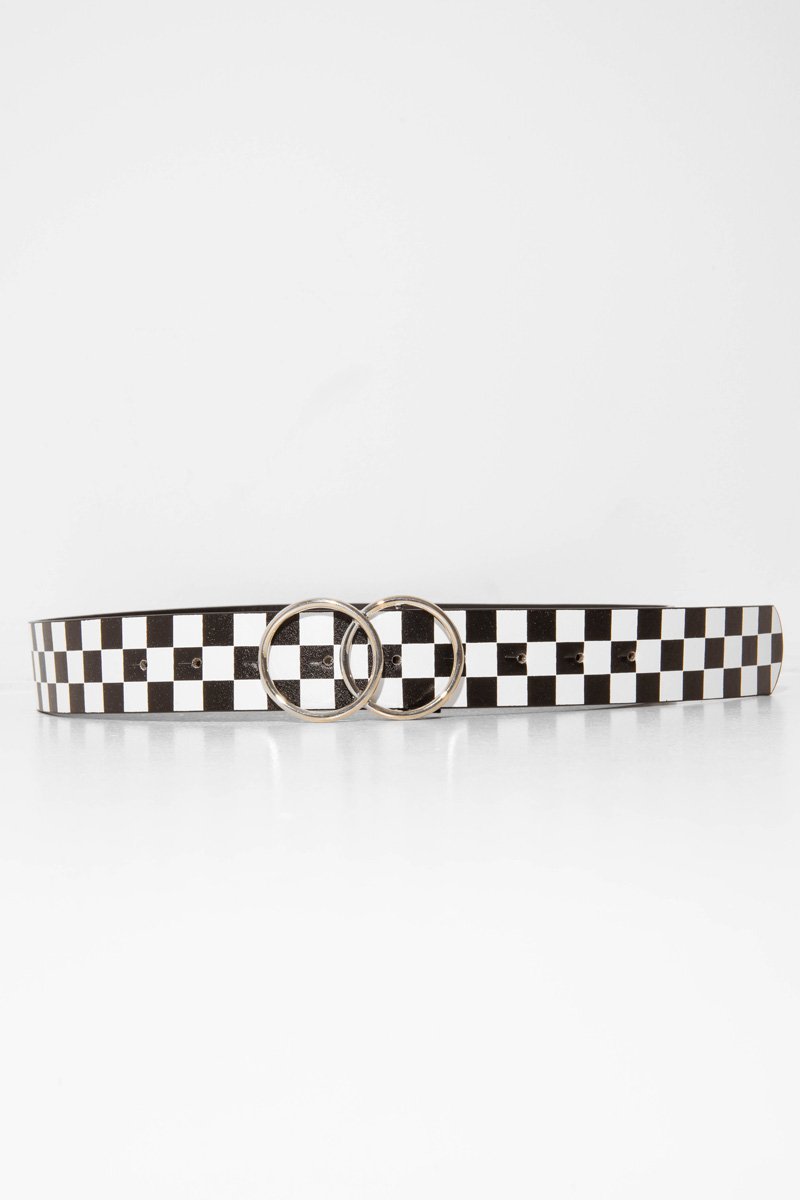 Black White Check PU Double Circle Buckle Belt - Tansy-Belts