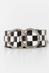 Black White Check PU Double Circle Buckle Belt - Tansy-Belts