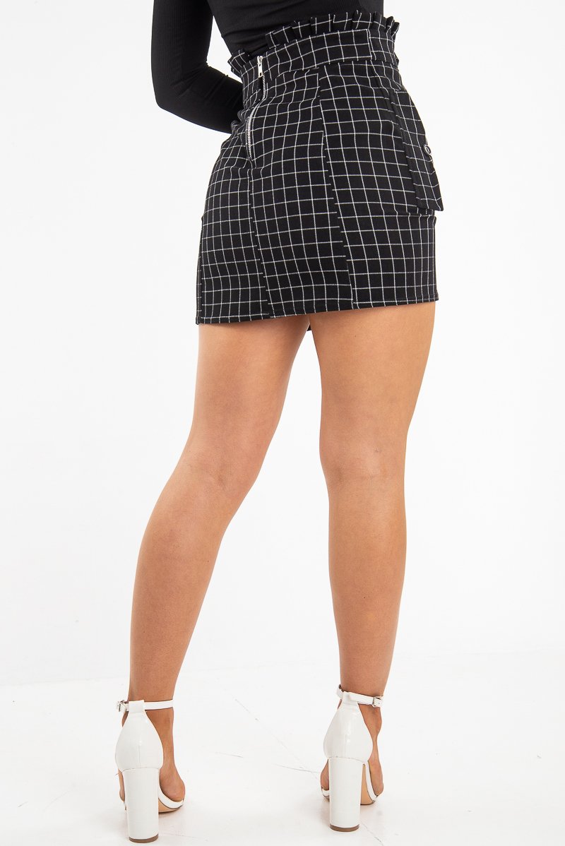Black White Check Ruffle Waist Zip Front Skirt - Izzie-Skirts