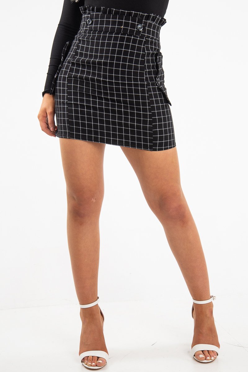 Black White Check Ruffle Waist Zip Front Skirt - Izzie-Skirts