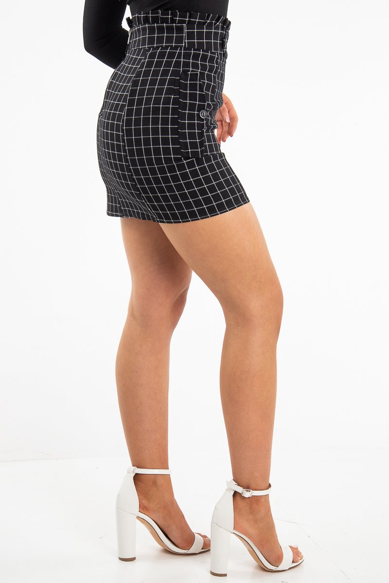 Black White Check Ruffle Waist Zip Front Skirt - Izzie-Skirts