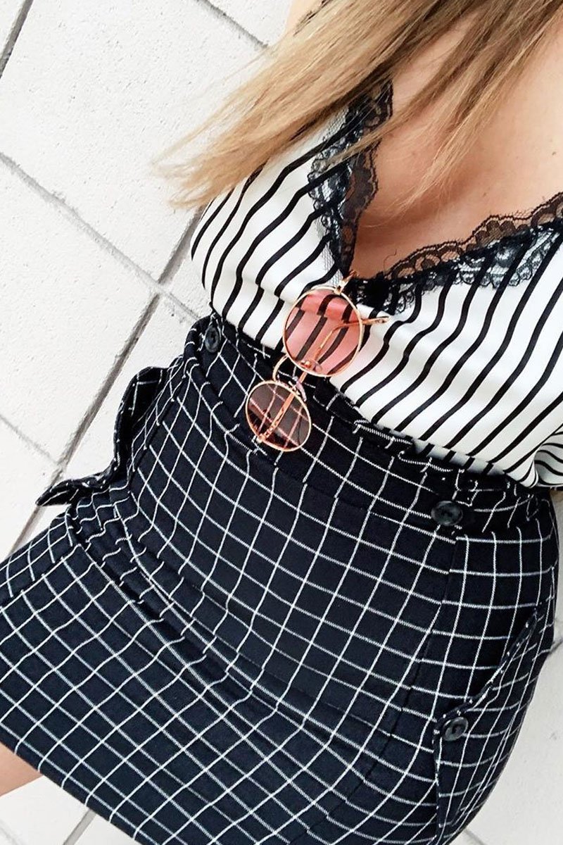 Black White Check Ruffle Waist Zip Front Skirt - Izzie-Skirts
