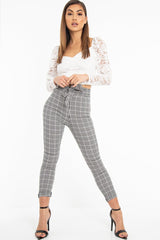 Black White Checked High Waist Tapered Tie Belt Trousers - Airis-Trousers