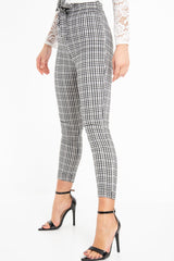 Black White Checked High Waist Tapered Tie Belt Trousers - Airis-Trousers