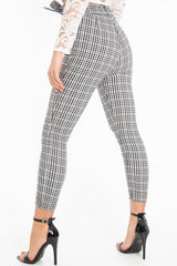 Black White Checked High Waist Tapered Tie Belt Trousers - Airis-Trousers