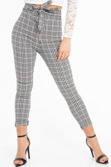 Black White Checked High Waist Tapered Tie Belt Trousers - Airis-Trousers