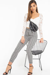 Black White Checked High Waist Tapered Tie Belt Trousers - Airis-Trousers
