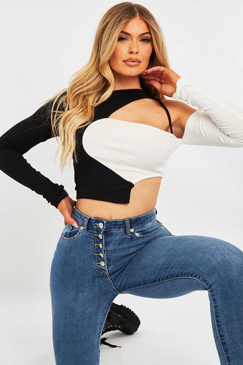 Black White Contrast Cut Out Crop Top - Liylah-Tops