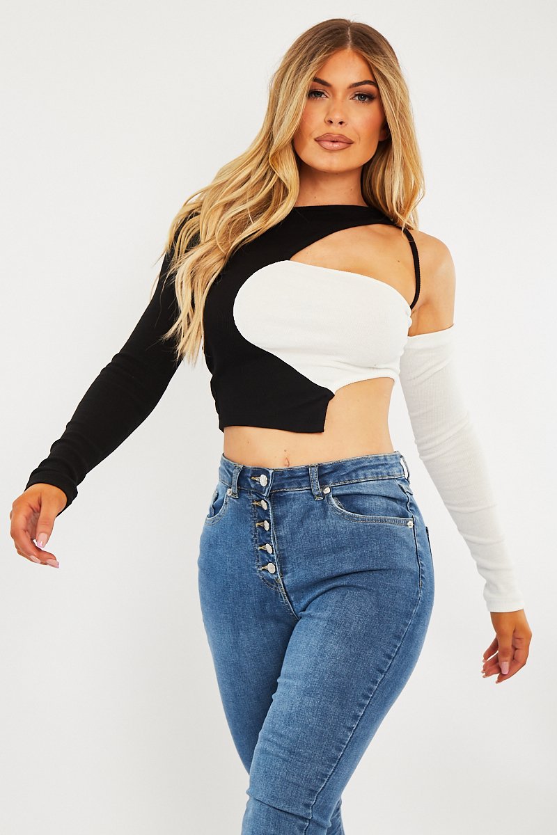 Black White Contrast Cut Out Crop Top - Liylah-Tops