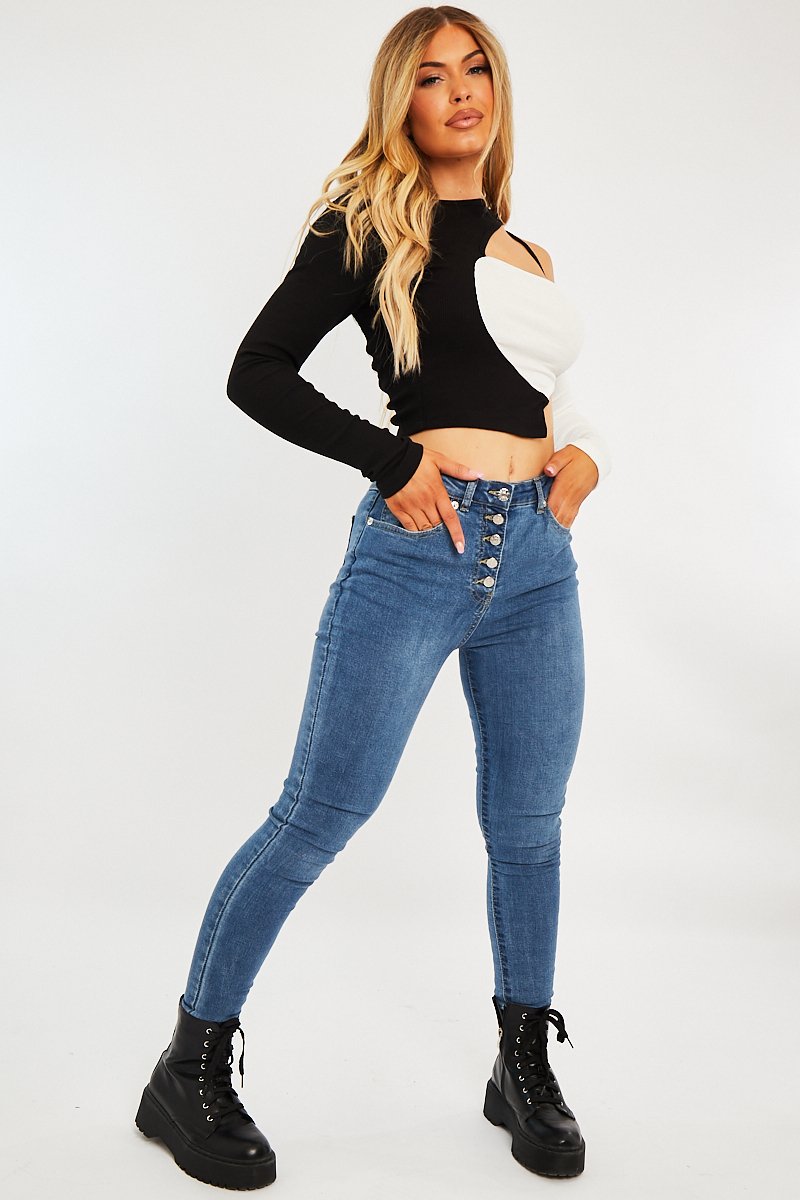 Black White Contrast Cut Out Crop Top - Liylah-Tops