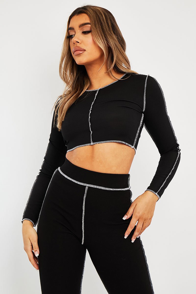 Black White Contrast Stitch Ribbed Crop Top - Candice-Crop Tops