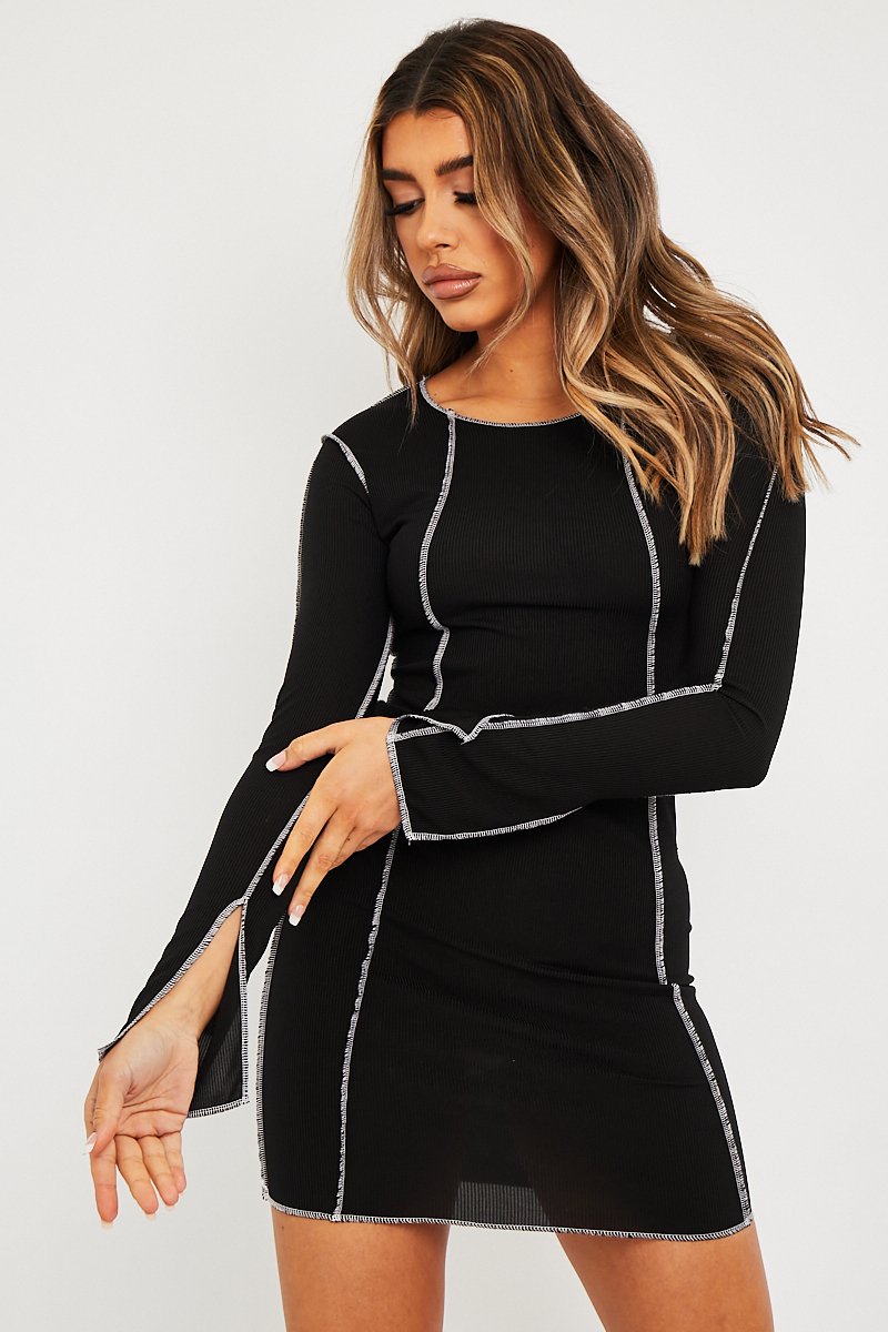 black dress white stitching KIZN Blazer Dress With Cinched Waist White Stitch Detail Long Sleeve Mini Black Dress For Fall Winter Office Party Evening ProfessionalMISSGUIDED