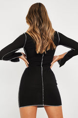 Black White Contrast Stitch Ribbed Mini Dress - Daniah-Dresses