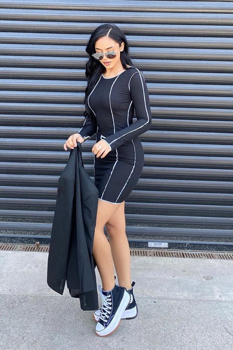 Black White Contrast Stitch Ribbed Mini Dress - Daniah-Dresses