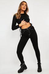 Black White Contrast Stitch Skinny Jeans - Paulina-Jeans