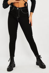 Black White Contrast Stitch Skinny Jeans - Paulina-Jeans