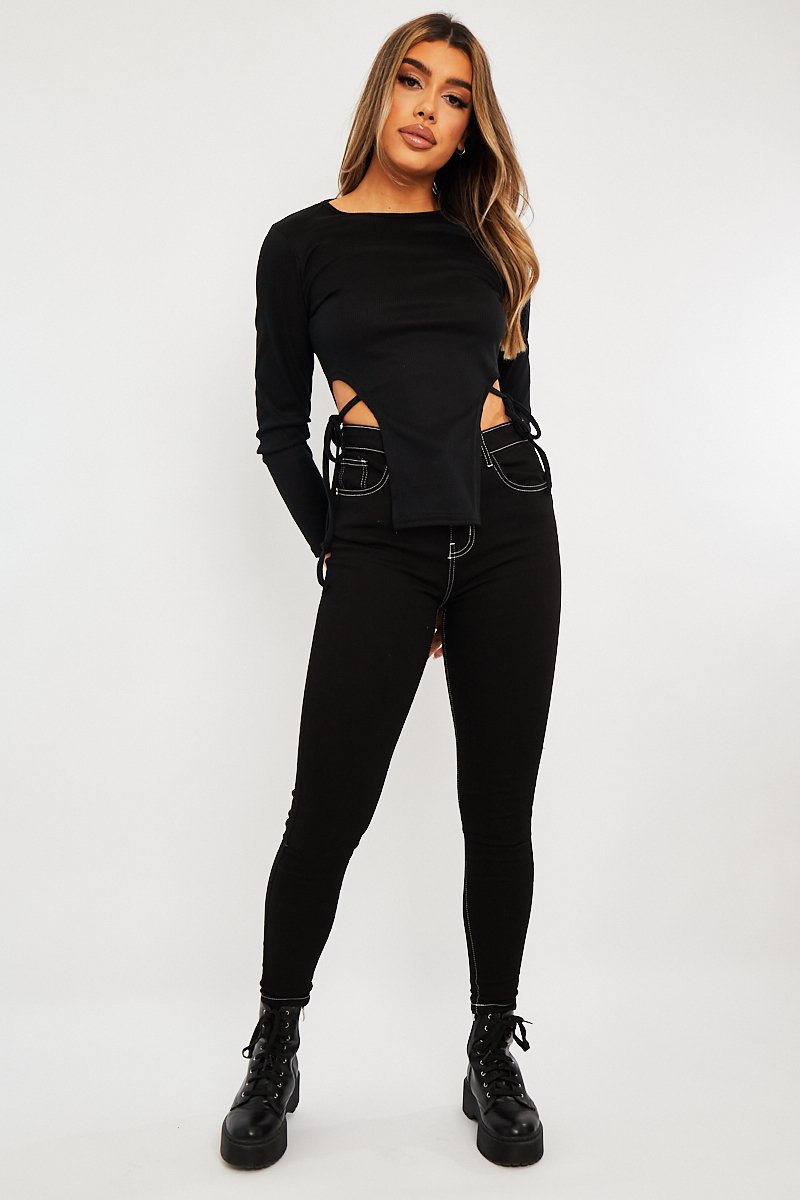 Black White Contrast Stitch Skinny Jeans - Paulina – Rebellious Fashion