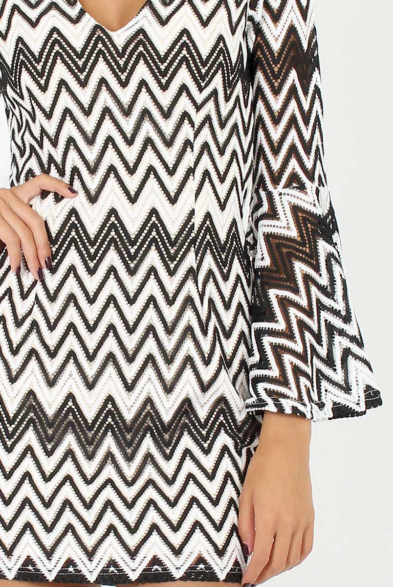 Black & White Crochet Flare Sleeve Dress - Kady-Dresses