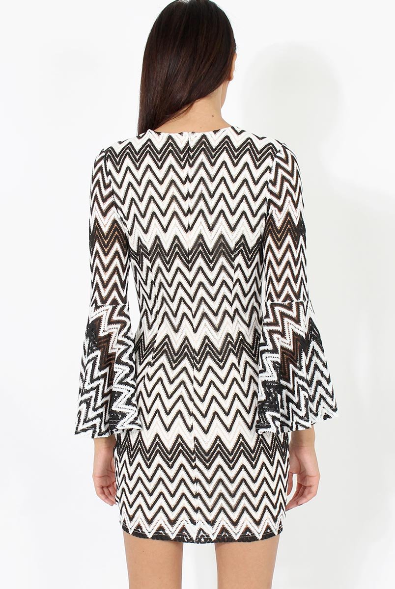 Black & White Crochet Flare Sleeve Dress - Kady-Dresses